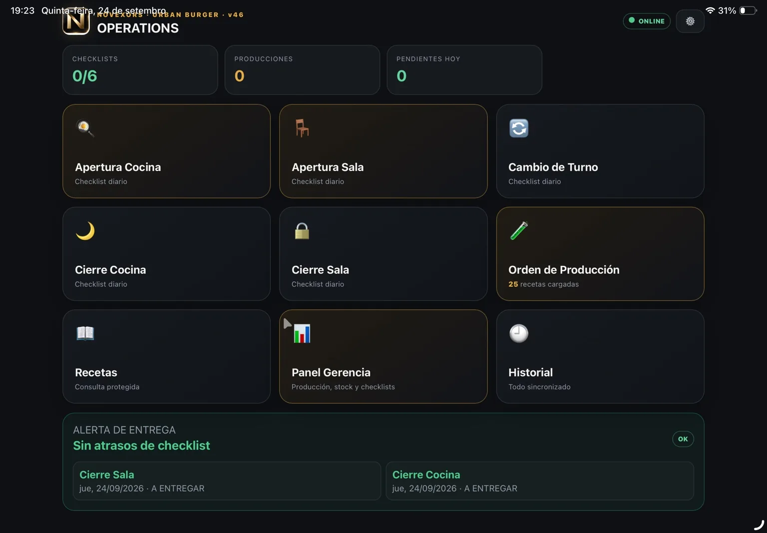 Pantalla principal real de NOVEXORS Operations